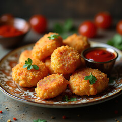 Delicious golden fried snacks served with dipping sauce, perfect for appetizers or party platters. A mouthwatering treat ideal for food photography and culinary businesses.