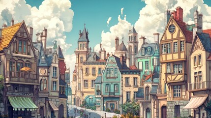 Colorful and charming illustration of a European town street view