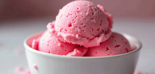 A delightful bowl of pink ice cream scoops, perfect for summer treats or dessert promotions. Indulge in this sweet, refreshing treat.