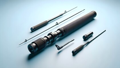 Fototapeta premium High-performance fishing rod with foldable design and soft grip handle in clean product mockup