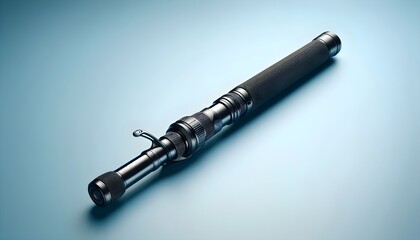 Fototapeta premium Telescopic fishing rod with foam grip handle and modern blank design on soft blue background