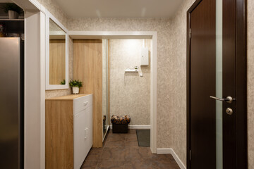 Apartment interior. Corridor and hallway. Home furniture. In the corridor, a chest of drawers and a mirror. In the hallway, a wardrobe and an ottoman. Rooms in a small apartment.