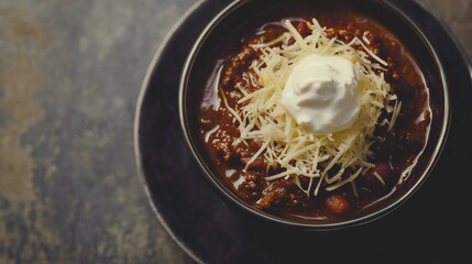 A hearty bowl of chili con carne topped with sour cream and shredded cheese. Featuring comfort and spice