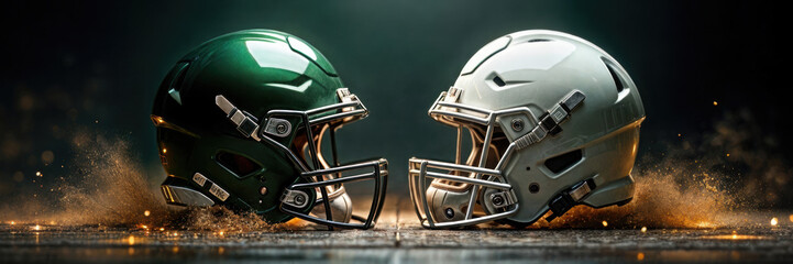 Fototapeta premium Dynamic close-up of two football helmets, symbolizing competition and teamwork in sports. Perfect for sports branding, marketing, or event promotions.