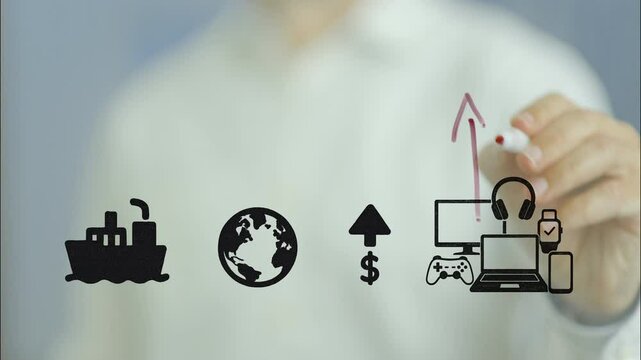 Professional businessman drawing import tariff icons on transparent screen, visualizing rising international trade costs through financial data representation and global market dynamics