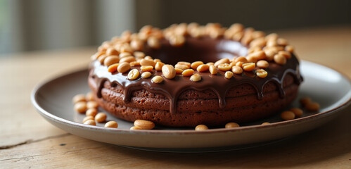 A delectable chocolate donut with peanuts, beautifully presented on a plate. Perfect for bakery promotions, dessert menus, or food blogs.