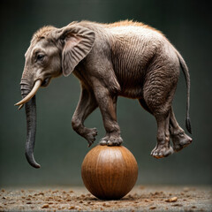 Naklejka premium A playful elephant balances on a wooden ball, showcasing grace and agility, perfect for dynamic marketing and creative projects.