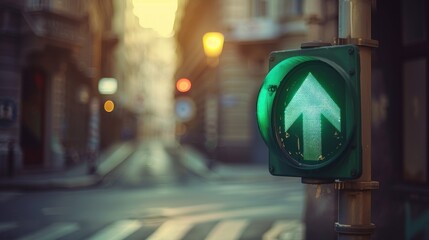 Illuminated Green Traffic Arrow Guiding the Way Forward in Urban Scenery