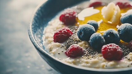 A hearty bowl of oatmeal topped with fresh berries, chia seeds, and honey. Featuring warmth and nourishment