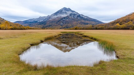 Obraz premium Mountain reflection in tranquil autumnal marsh