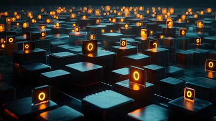 Digital landscape of illuminated codes virtual world image focus conceptual depth