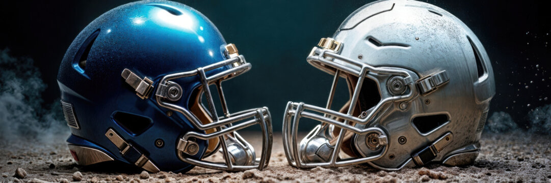 A striking image of two football helmets, one blue and one silver, set against a dramatic background—perfect for sports marketing, team branding, or event promotions.