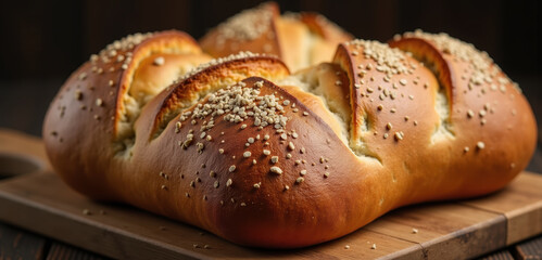 A freshly baked, golden-brown loaf of bread topped with sesame seeds, perfect for showcasing culinary artistry and artisanal baking.