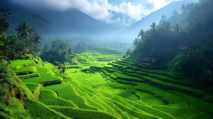 Fototapeta premium Lush green rice terraces in a valley, sunlit.