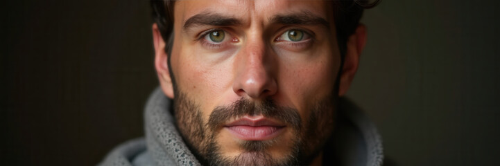 Obraz premium Intense portrait of a man with captivating eyes and a rugged look. Ideal for themes of masculinity, confidence, and lifestyle.
