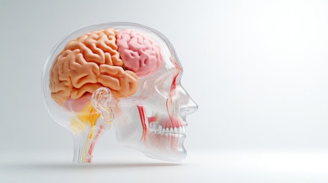 A transparent skull model displays a detailed brain. The brain is peach and pink, nestled within the skull. The image is clean, high-resolution, and brightly lit. Its style is scientific and illustr
