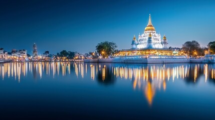 Obraz premium Serene Temple Reflection at Dusk