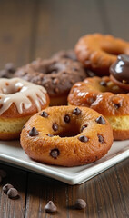 A tempting assortment of delicious donuts on a plate, showcasing a variety of flavors and toppings for a sweet treat or dessert inspiration.