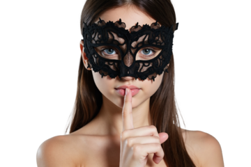 Woman wearing elegant black lace masquerade mask on transparent background, mysterious female with finger on lips gesturing silence, decorative Venetian-style face mask for costume parties