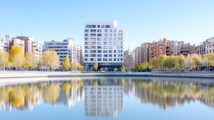 Obraz premium Modern city apartments reflected in a calm canal