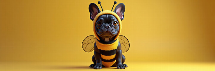 A playful French Bulldog dressed as a bee, set against a vibrant yellow background, perfect for pet products, marketing campaigns, or whimsical designs.