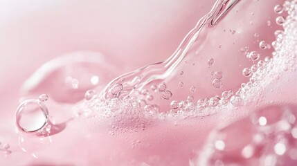 Transparent Liquid Pouring with Bubbles on a Pink Surface