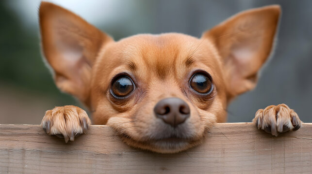 Adorable Brown Chihuahua Puppy Peeking Over Wooden Fence