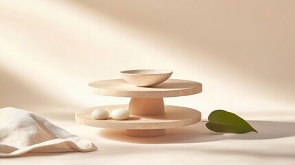 Wooden tiered stand with pastel objects, soft light, natural background. Ideal for product photography, home decor, or lifestyle imagery.
