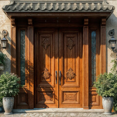 Elegant wooden doors framed by lush greenery, exuding charm and sophistication. Perfect for architecture, interior design, or real estate projects.