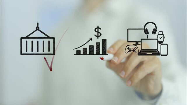 Businessman drawing check marks next to icons of a shipping container, increasing tariffs, and consumer electronics, suggesting a correlation between import taxes and rising prices for gadgets