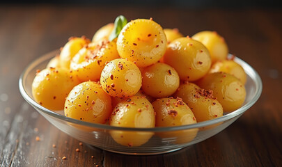 A vibrant bowl of spicy marinated fruit, perfect for culinary inspiration, restaurant menus, or food blogs.