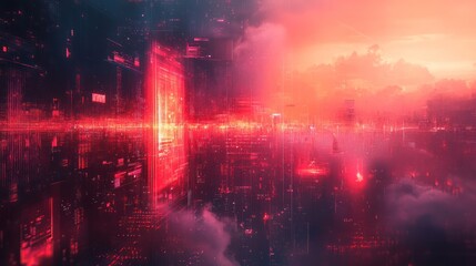 Cyberpunk city portal sunset; futuristic digital gateway, red sky, cloudscape