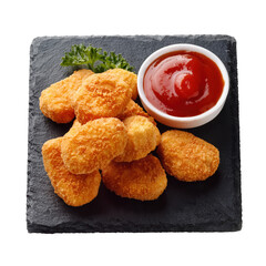 Naklejka premium Crispy Chicken Nuggets with Ketchup on Slate Platter on transparent background