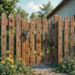 Fototapeta premium Charming wooden gate surrounded by flowers, inviting a sense of tranquility and natural beauty. Ideal for landscaping, gardening, or home improvement themes.