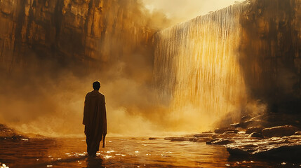 Obraz premium Cinematic wide shot of the last Israelite stepping onto dry land as towering water walls begin to tremble behind, golden light casting long shadowsHighly detailed, cinematic composition,