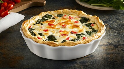 A homemade quiche with spinach, cheese, and flaky crust. Featuring comfort and indulgence