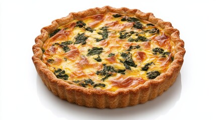 A homemade quiche with spinach, cheese, and flaky crust. Featuring comfort and indulgence
