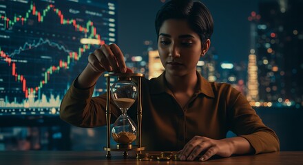 Woman Managing Time with Hourglass and Coins in Financial Investment Setting