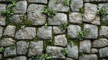 Fototapeta premium Stone wall texture with moss and plants. Close-up view of irregularly shaped stones,?light gray in color, interlocked together. Small patches of greenery, moss, and plants grow between the stones