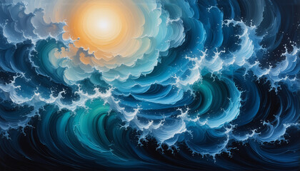 Celestial swirling clouds in blue and white hues are illuminated by a bright yellow light, creating a dynamic, ethereal, and dreamy vista.