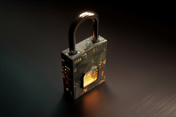A futuristic padlock designed with circuit patterns, symbolizing security and technology against a dark background.