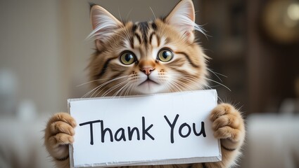 Fototapeta na wymiar A fluffy cat holds a sign that says 'Thank You.' This adorable moment captures the charming personality of pets in our homes.