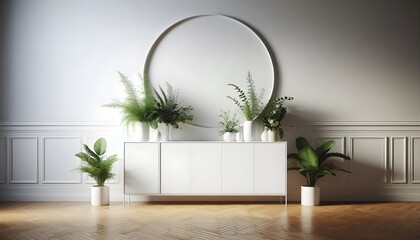 Contemporary white cabinet with green plants on polished wood floor against matte wall