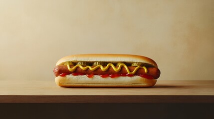 A hot dog with mustard, ketchup, and pickles on a wooden table. Featuring comfort and flavor
