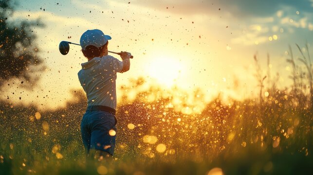 Child golfer sunset swing field; happy, active, outdoors