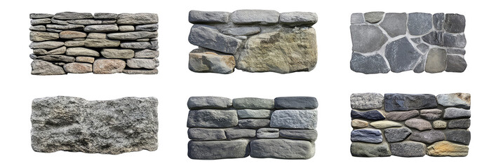 Various collection of stone wall isolated on transparent background