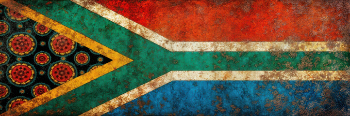 Vintage-style South African flag, showcasing rich colors and textures. Perfect for cultural projects, travel promotions, or educational materials.