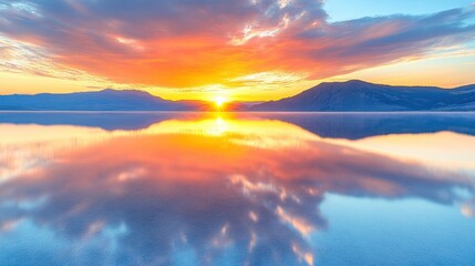 Fototapeta premium Sunrise over a serene lake, reflecting a fiery sky