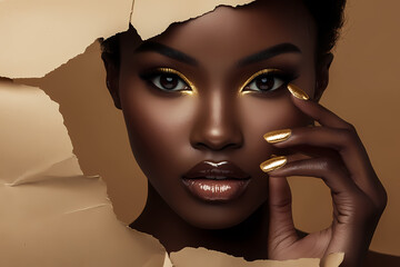 Beauty Revelation: A stunning model with radiant skin and captivating makeup emerges from torn paper, embodying confidence and beauty. A captivating image of empowerment, highlighting inner beauty.