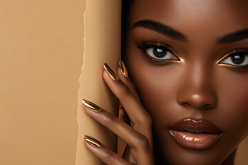 Radiant Beauty Unveiled: A close-up portrait of an elegant model, her flawless skin glows as she delicately unveils herself from behind a neutral surface. This image accentuates her beauty.